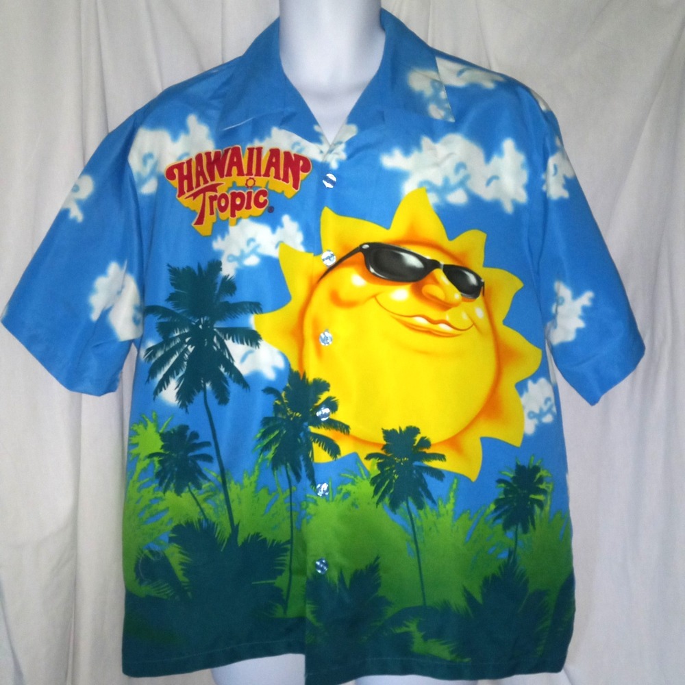 Hawaiian Tropic‎ Beach Wear Tanning Lotion Suntan Yellow Button Down Size L